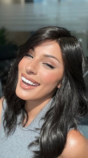 Roxie is wearing HEIDI by JON RENAU in color 4 BROWNIE FINALE | Dark Brown