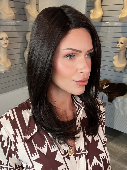 Madeline wearing SPECTRA PLUS by ELLEN WILLE in ESPRESSO MIX | Darkest Brown base with a blend of Dark Brown and Warm Medium Brown throughout