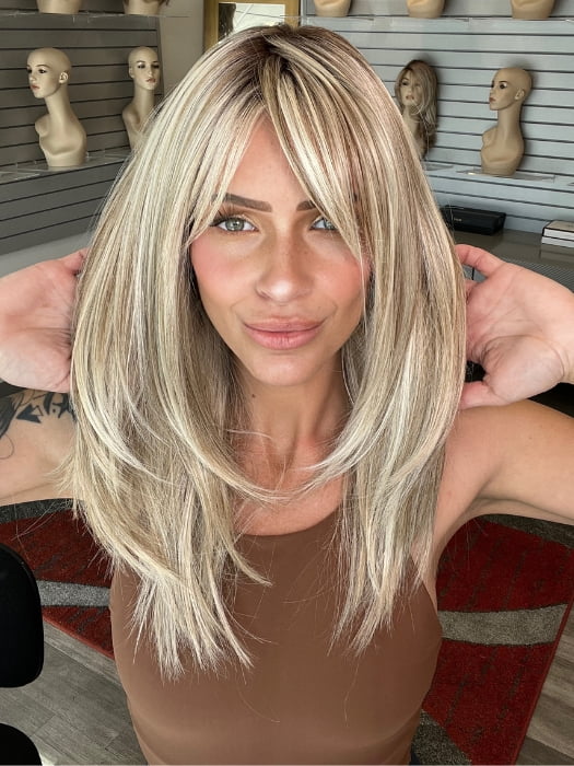 Madeline wearing CAVALLI by BELLETRESS in BUTTERBEER R | Dark Brown Base and Root that transitions smoothly into a buttery blonde, infused with creamy honey and toffee tones