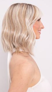 Ava wearing HOLLIE PETITE by JON RENAU in 101/88/27S8 CATALINA BLONDE | Pale blonde with Pure White Natural Violet halo highlights, shaded medium brown