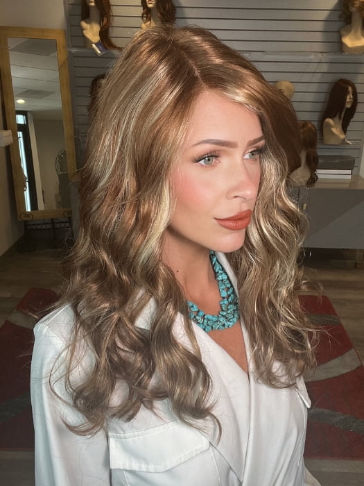 Madeline wearing SARAH by JON RENAU in FS26/31 Caramel Syrup | Amber Red w/ Caramel Blonde Highlights