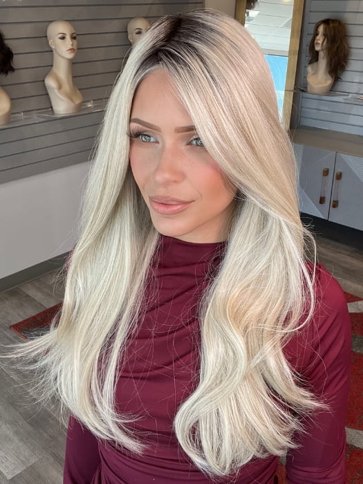 Madeline wearing STAY THE NIGHT by RAQUEL WELCH in RL16/22SS SHADED ICED SWEET CREAM | Pale Blonde with Slight Platinum Highlighting with Dark Roots