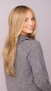 AVA wearing ZARA by JON RENAU in 24BT18S8 SHADED MOCHA | Medium Natural Ash Blonde & Light Natural Gold Blonde Blend, Shaded with Medium Brown