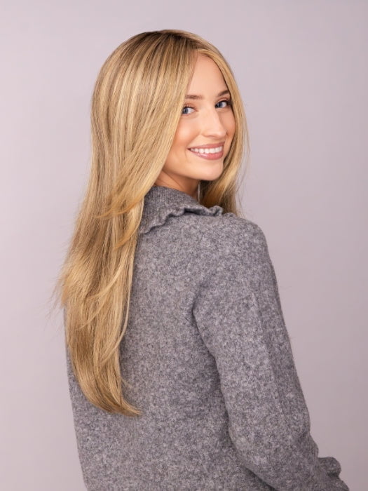 AVA wearing ZARA by JON RENAU in 24BT18S8 SHADED MOCHA | Medium Natural Ash Blonde & Light Natural Gold Blonde Blend, Shaded with Medium Brown