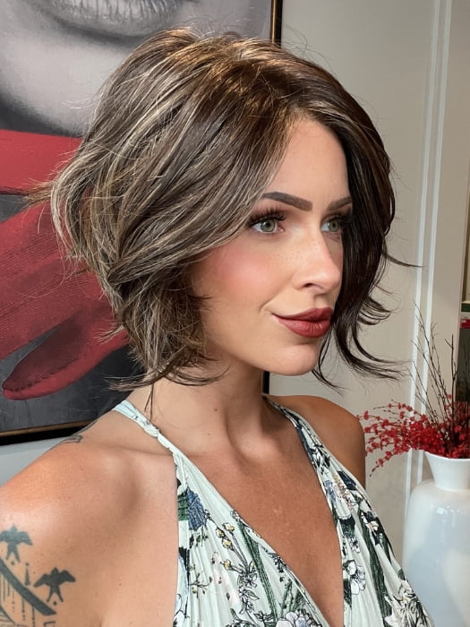 Madeline wearing LOS ANGELES by BELLETRESS in DARK BROWN HL | A Blend of Dark Brown, Strawberry Light Auburn and Soft Chunky Medium and Dark Blonde Highlights.