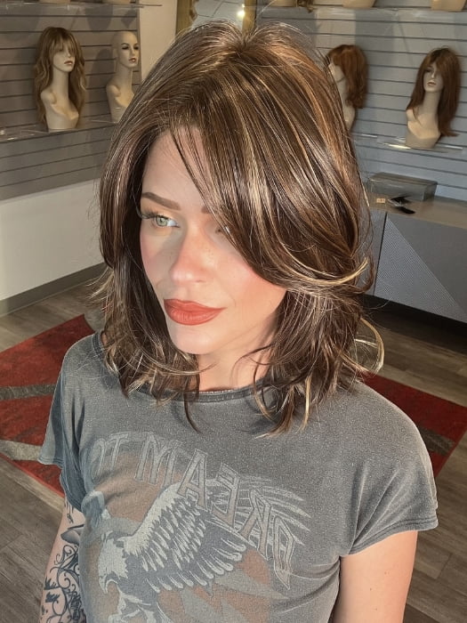Madeline wearing MODENA by BELLETRESS in DARK BROWN HL | A Blend of Dark Brown, Strawberry Light Auburn and Soft Chunky Medium and Dark Blonde Highlights