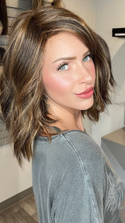 Madeline wearing SKYLAR by JON RENAU in FS6/30/27 TOFFEE TRUFFLE | Brown, Medium Red-Gold, Medium Red-Gold Blonde Blend with Medium Red Gold Blonde Bold Highlights
