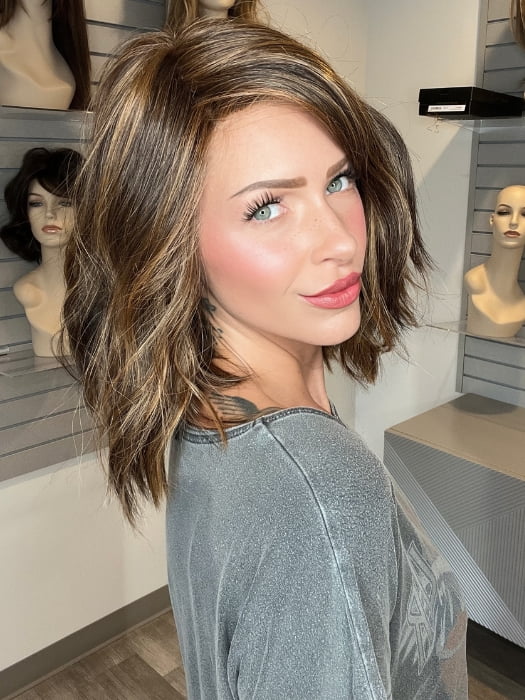 Madeline wearing SKYLAR by JON RENAU in FS6/30/27 TOFFEE TRUFFLE | Brown, Medium Red-Gold, Medium Red-Gold Blonde Blend with Medium Red Gold Blonde Bold Highlights