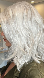 Madeline wearing MODENA by BELLETRESS in OYSTER GRAY | A mixture of Lightest Gray and a hint of White