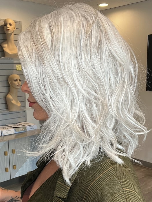 Madeline wearing MODENA by BELLETRESS in OYSTER GRAY | A mixture of Lightest Gray and a hint of White