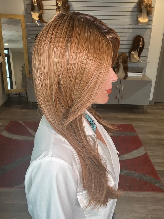 Madeline wearing MESMERIZED by RAQUEL WELCH in RL29/33SS ICED PUMPKIN SPICE | Strawberry Blonde Shaded with Dark Red-Brown