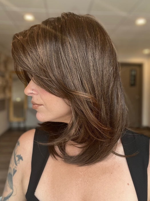 Madeline is wearing LUNA by ELLEN WILLE in CHOCOLATE-MULTI-MIX 6.30.33 | Medium Brown, Reddish Brown, and Light Auburn blend