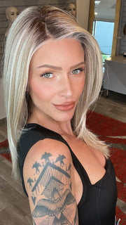 Madeline wearing FORTE by BELLETRESS in BUTTERBEER R | Dark Brown Base and Root that transitions smoothly into a buttery blonde, infused with creamy honey and toffee tones