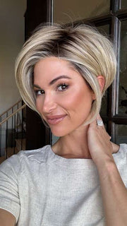 Katy C. @thewigeducator wearing IGNITE PETITE by JON RENAU in color 22F16S8 VENICE BLONDE | Light Ash Blonde and Light Natural Blonde Blend Shaded with Medium Brown