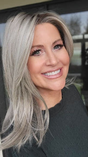 Natalie Gray @vanish.into.thin.hair wearing AFFAIR HI by ELLEN WILLE in color PEARL ROOTED 101.14 | Pearl Platinum and Medium Ash Blonde Blend with Shaded Roots