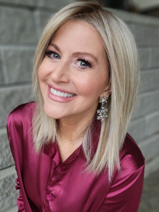 Natalie Gray @vanish.into.thin.hair wearing PRETTY PLEASE by RAQUEL WELCH WIGS in color RL19/23SS SHADED BISCUIT | Light Ash Blonde Evenly Blended with Cool Platinum Blonde with Dark Roots