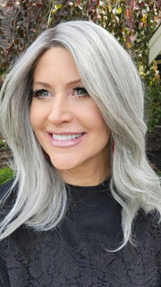 Natalie Gray @vanish.into.thin.hair wearing SOPHIA by RENE OF PARIS in color SILVER-BROWN-MR | Micro Root that transcends into Silver, Grey and Honey Brown Tones