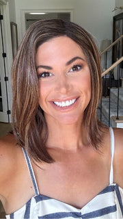 Katy C. @thewigeducator wearing RIVER by RENE OF PARIS in color CARAMEL SWIRL | A blend of Warm Caramel, Chocolate Brown, Honey-Toned Blonde with Brown Roots