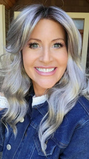 Natalie Gray @vanish.into.thin.hair wearing RACHEL by JON RENAU in color FS36/56/60S4 STORM | Brown with 5% Pure White with Light Grey with 20% Medium Brown with Pure White Bold Highlights. Shaded with Dark Brown