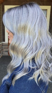 Natalie Gray @vanish.into.thin.hair wearing RACHEL by JON RENAU in color FS36/56/60S4 STORM | Brown with 5% Pure White with Light Grey with 20% Medium Brown with Pure White Bold Highlights. Shaded with Dark Brown