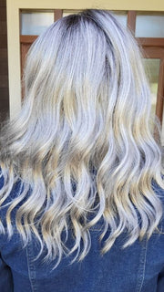 Natalie Gray @vanish.into.thin.hair wearing RACHEL by JON RENAU in color FS36/56/60S4 STORM | Brown with 5% Pure White with Light Grey with 20% Medium Brown with Pure White Bold Highlights. Shaded with Dark Brown