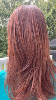 Sandy H. @i_be_wiggin wearing MUSIC by ELLEN WILLE in color CINNAMON BROWN ROOTED 33.30.6 | Dark Auburn, Light Auburn and Dark Brown Blend with Shaded Roots | outdoor lighting