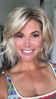 Katy C. @thewigeductor wearing ESPRIT by ELLEN WILLE in color CHAMPAGNE-ROOTED 22.25.26 | Light Beige Blonde, Medium Honey Blonde, and Platinum Blonde Blend with Dark Roots