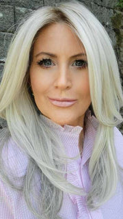 Natalie Gray @vanish.into.thin.hair wearing MUSIC by ELLEN WILLE in color METALLIC BLONDE ROOTED 60.101.51 | Pearl White, Pearl Platinum with Dark and Lightest Brown and Grey Blend with Shaded Roots