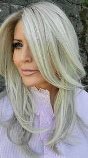 Natalie Gray @vanish.into.thin.hair wearing MUSIC by ELLEN WILLE in color METALLIC BLONDE ROOTED 60.101.51 | Pearl White, Pearl Platinum with Dark and Lightest Brown and Grey Blend with Shaded Roots