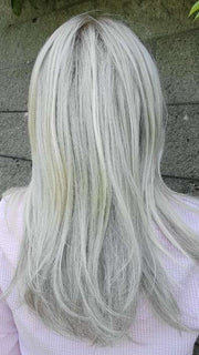 Natalie Gray @vanish.into.thin.hair wearing MUSIC by ELLEN WILLE in color METALLIC BLONDE ROOTED 60.101.51 | Pearl White, Pearl Platinum with Dark and Lightest Brown and Grey Blend with Shaded Roots