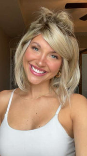 Chloe Beau @chloebeaushannon wearing UPSTAGE by RAQUEL WELCH WIGS in color RL19/23SS SHADED BISCUIT | Light Ash Blonde Evenly Blended with Cool Platinum Blonde with Dark Roots | styled