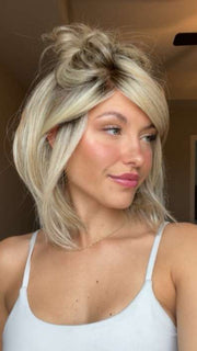 Chloe Beau @chloebeaushannon wearing UPSTAGE by RAQUEL WELCH WIGS in color RL19/23SS SHADED BISCUIT | Light Ash Blonde Evenly Blended with Cool Platinum Blonde with Dark Roots | styled