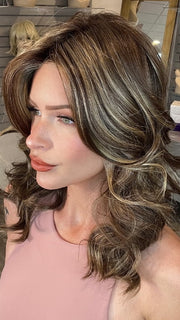 Madeline wearing ELLE by BELLETRESS in CAPPUCINO LATTE R | A Deep brunette with light brown highlights and lowlights