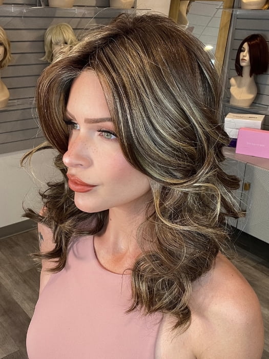 Madeline wearing ELLE by BELLETRESS in CAPPUCINO LATTE R | A Deep brunette with light brown highlights and lowlights