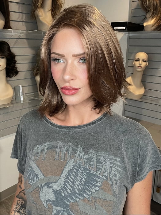 Madeline wearing KRISTI by JON RENAU in 12/30BT ROOTBEER FLOAT | Light Gold Brown & Medium Red-Gold Blend with Medium Red-Gold Tips