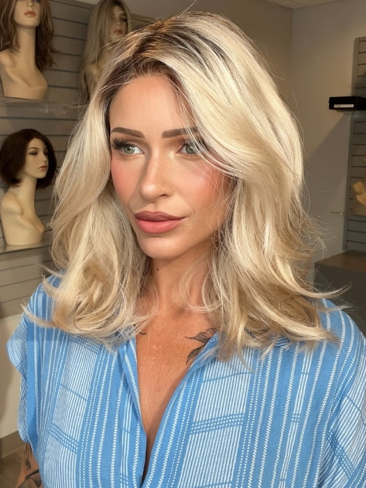 Madeline wearing AMANDA by ENVY in PLATINUM SHADOW | Light Blonde with Dark Roots