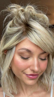 Chloe Beau @chloebeaushannon wearing UPSTAGE PETITE by RAQUEL WELCH WIGS in color RL19/23SS SHADED BISCUIT | Light Ash Blonde Evenly Blended with Cool Platinum Blonde with Dark Roots | styled