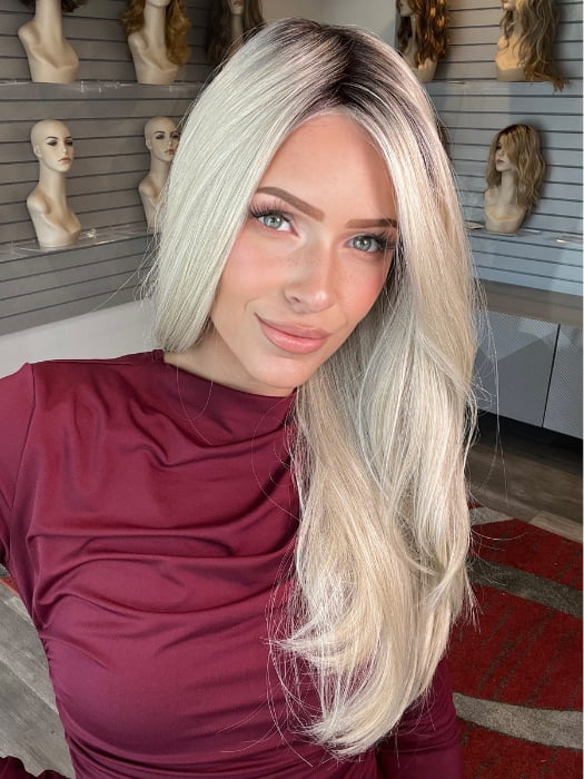 Madeline wearing STAY THE NIGHT by RAQUEL WELCH in RL16/22SS SHADED ICED SWEET CREAM | Pale Blonde with Slight Platinum Highlighting with Dark Roots