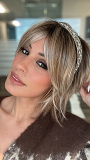 ROXIE wearing ZEAL by NORIKO in MELTED-MARSHMALLOW | Subtly Warm Dark Sandy Blonde Blend with Medium Brown Roots and Light Ash Blonde Tips and Highlights