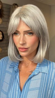 Madeline wearing CARLEY by ENVY in 56 MEDIUM GREY | Salt and Pepper Grey 50% Medium Brown 50% Grey