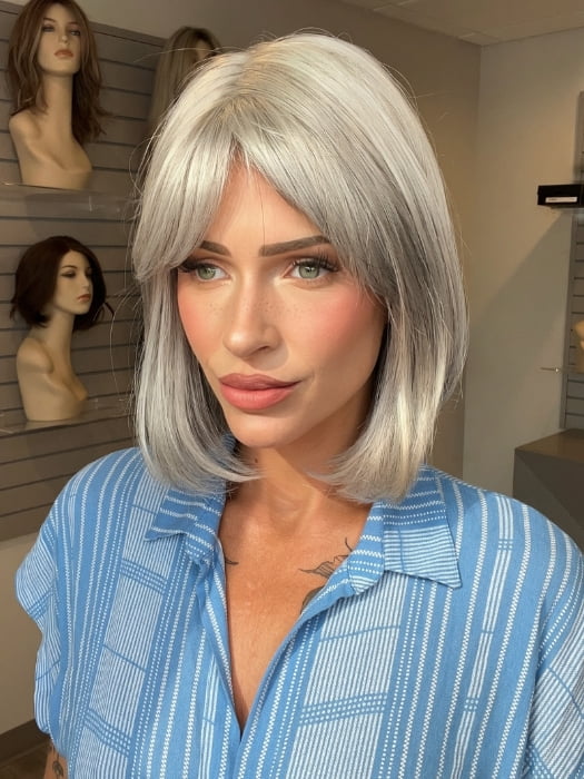 Madeline wearing CARLEY by ENVY in 56 MEDIUM GREY | Salt and Pepper Grey 50% Medium Brown 50% Grey