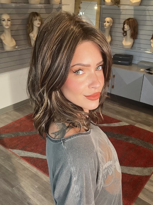 Madeline wearing MODENA by BELLETRESS in DARK BROWN HL | A Blend of Dark Brown, Strawberry Light Auburn and Soft Chunky Medium and Dark Blonde Highlights