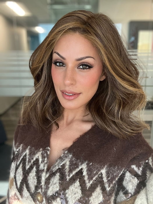 ROXIE wearing PANACHE WAVEZ by RENE OF PARIS in MARBLE-BROWN | Medium Brown and Light Honey Brown Evenly Blended