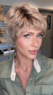 Madeline wearing YOKO by ELLEN WILLE in SANDY BLONDE ROOTED 16.22.20 | Medium Blonde, Light Neutral Blonde, and Light Strawberry Blonde Blend with Shaded Roots