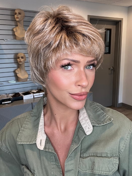 Madeline wearing YOKO by ELLEN WILLE in SANDY BLONDE ROOTED 16.22.20 | Medium Blonde, Light Neutral Blonde, and Light Strawberry Blonde Blend with Shaded Roots