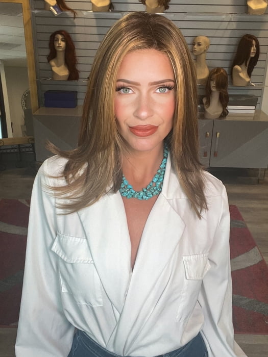 Madeline wearing PIANA by BELLETRESS in BUTTER PECAN R | A blonde/red blend with a golden-beige base swirled with soft, buttery highlights and light caramel pecan lowlights.