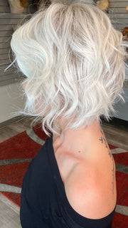 Madeline wearing COOKIE by ELLEN WILLE in PLATINBLONDE ROOTED | Pearl White with Pearl Platinum and Winter White Blend with Shaded Roots 