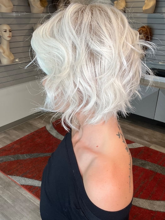 Madeline wearing COOKIE by ELLEN WILLE in PLATINBLONDE ROOTED | Pearl White with Pearl Platinum and Winter White Blend with Shaded Roots 