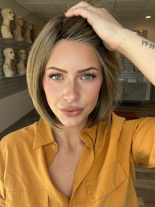 Madeline is wearign ALL THE RAGE by GABOR in GF12-22SS SHADED CAPPUCCINO | Light Golden Brown Evenly Blended with Cool Platinum Blonde Highlights with Dark Roots