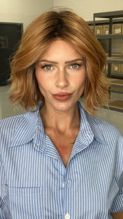 Madeline wearing AUSTEN by BELLETRESS in MIXED BERRY R | A bold, berry-inspired red with deep auburn tones and soft rooting for a natural regrowth effect.